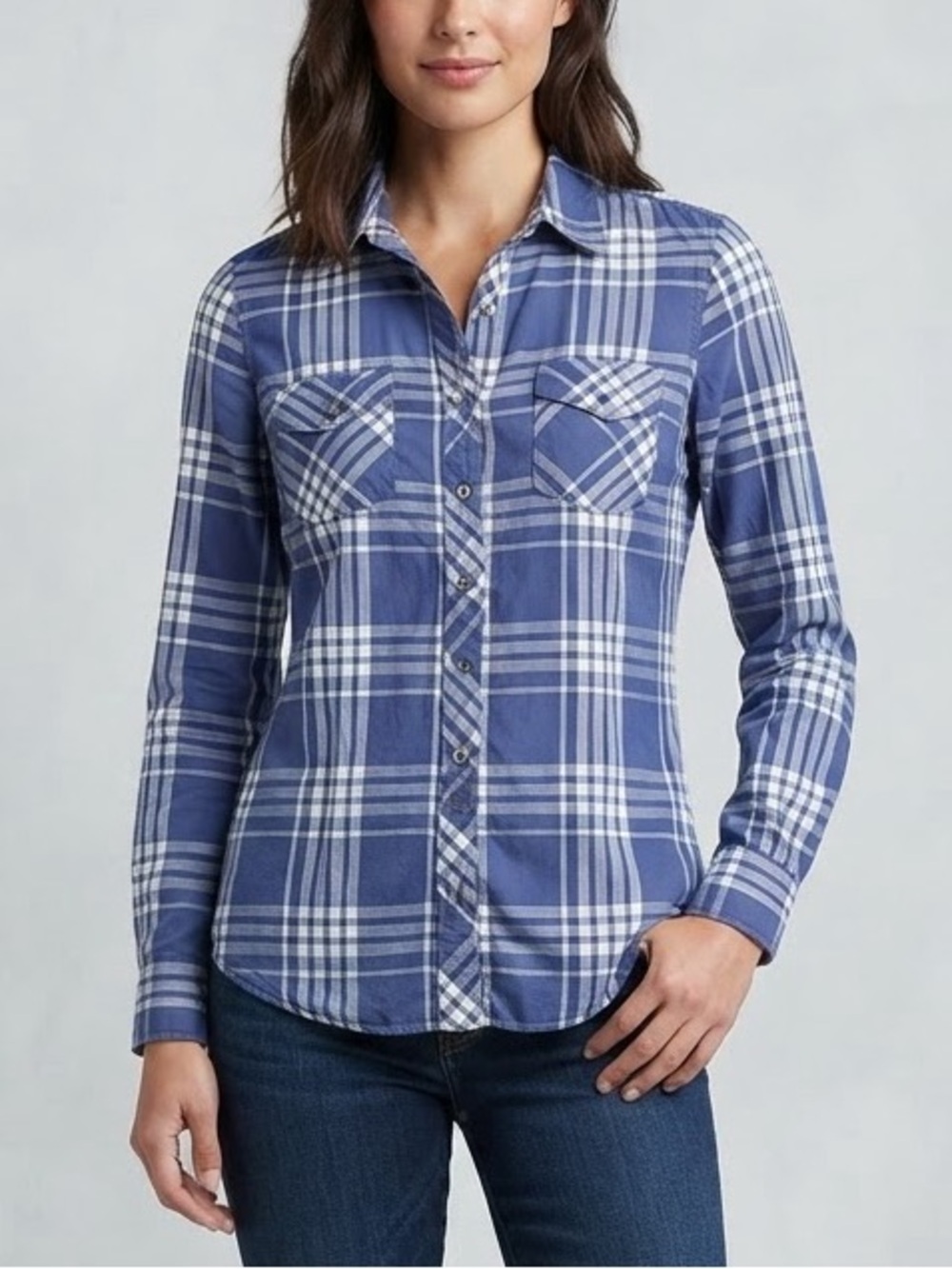 Banana Republic Blue Plaid Button Down Shirt Long Sleeve Blouse Chest Pockets M